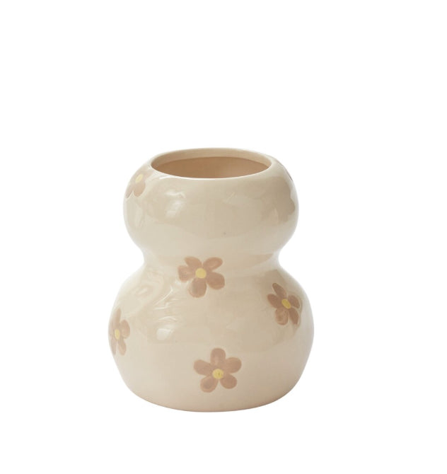 Cream ceramic vase with brown flower design from Annam Studio Toronto floral shop
