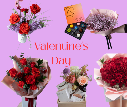 Collage of Annam Flowers Valentine’s Day products, including classic dozen roses, Valentine’s bouquet, and pamper gift box
