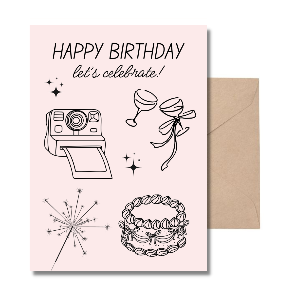Pink birthday card with illustrations of a camera, wine glass, bow, firework, and cake with an envelope for delivery or pickup in Toronto.