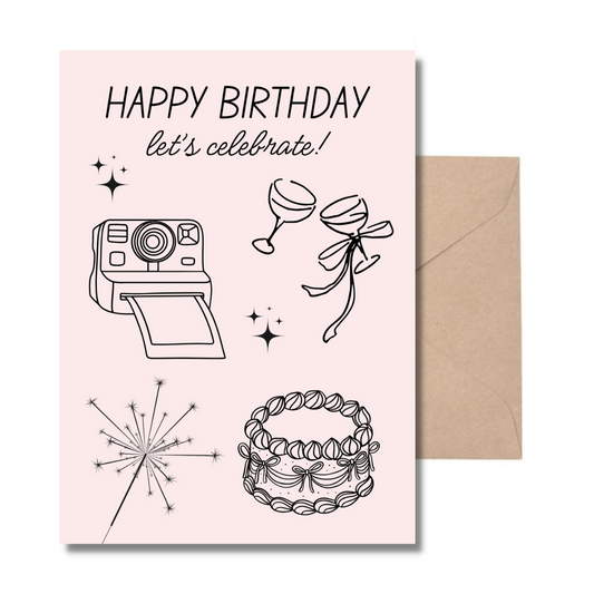 Pink birthday card with illustrations of a camera, wine glass, bow, firework, and cake with an envelope for delivery or pickup in Toronto.