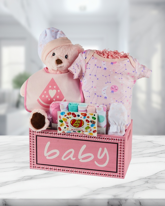 Baby gift set with teddy bear, clothes, and toys in a pink box for delivery or pickup in Toronto.