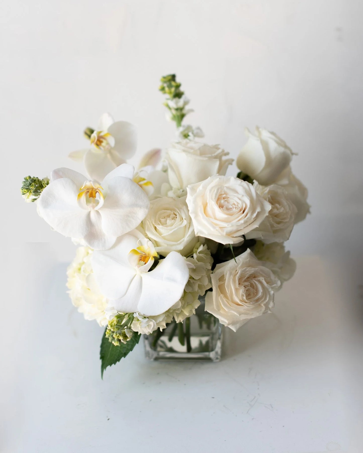 Modern white floral arrangement with orchids and roses in a glass vase by Annam Studio Toronto