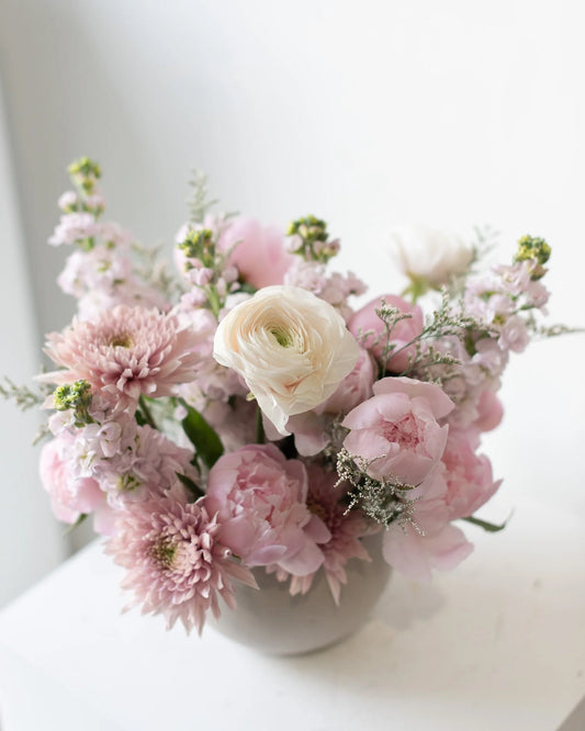 Modern pink and white floral arrangement in ceramic vase by Annam Studio, Toronto florist