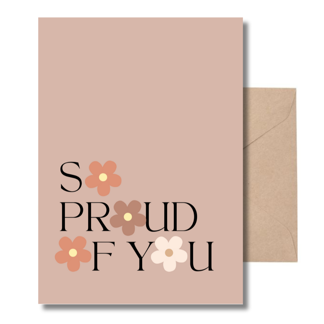 Card with 'So Proud of You' text and flowers, with an envelope for delivery or pickup in Toronto.