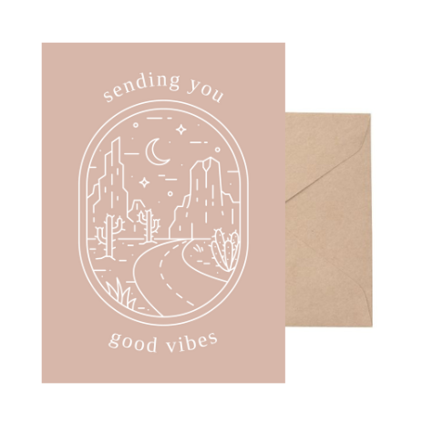 Greeting card with 'sending you good vibes' text and a road leading to mountains on a pink background for delivery or pickup in Toronto.